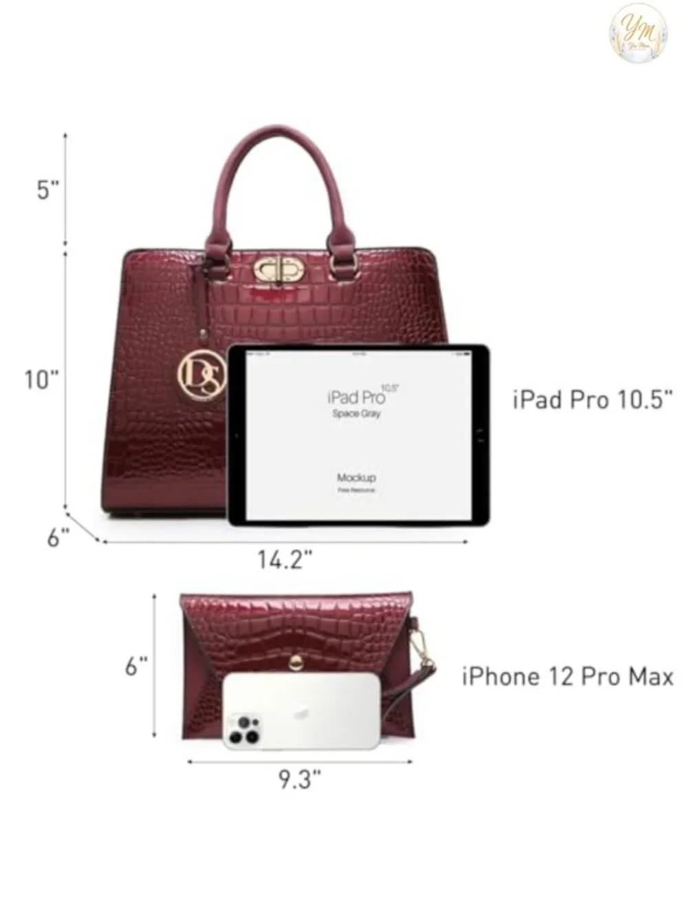 Vegan Leather Satchel Tote with Gold Twist Lock and Matching Clutch
